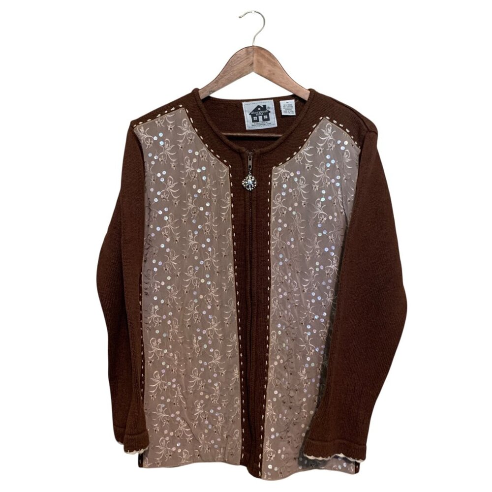 Brown Cardigan Lace‎ Front Panels Rhinestone Zipper Pull Grannycore